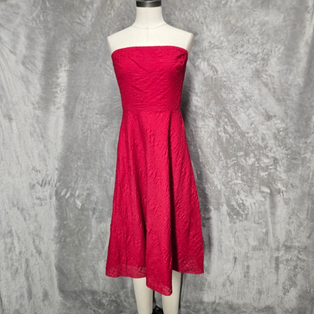 J.Crew Strapless Dress Women 10 Red Cotton Textured Midi Preppy Bold ALine Party